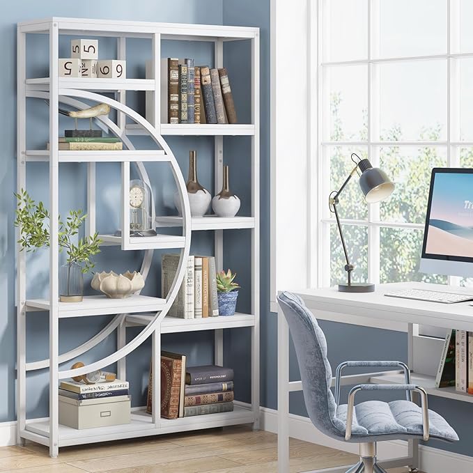 Tribesigns Bookshelf Industrial 5 Tier Etagere Bookcase, Freestanding Tall Bookshelves Display Shelf Storage Organizer with 9-Open Storage Shelf for Living Room, Bedroom (White, 2 Pack)