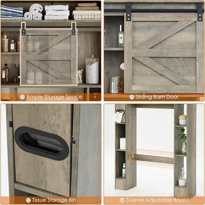 Over The Toilet Storage Cabinet, 32.5'' Wide Bathroom Storage Cabinet with Sliding Barn Door, Freestanding Over Toilet Storage Shelf, Grey