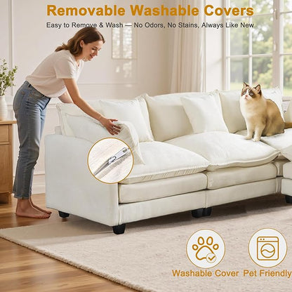 Expandable Modular Sectional Sofa with Ottoman, 111.4" Cloud Chenille U-Shape Couch, Reversible Chaise & 2nd Ottoman for Large Spaces, Deep Seat, Solid Wood Frame