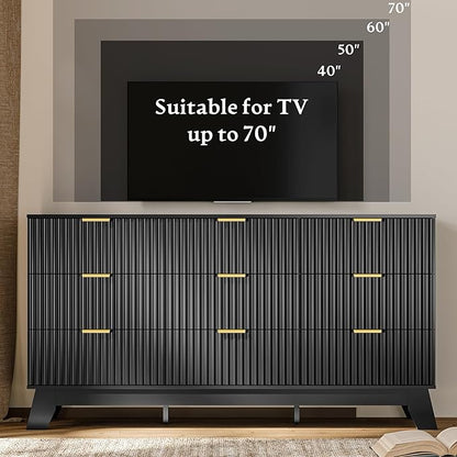 Fluted Dresser for Bedroom with 9 Drawers, 57" Mid Century Modern Dresser of Closet TV Stand, Nature Wood Dressers with Gold Handle, Boho Closet Wide Modern Chest of Drawers, Black