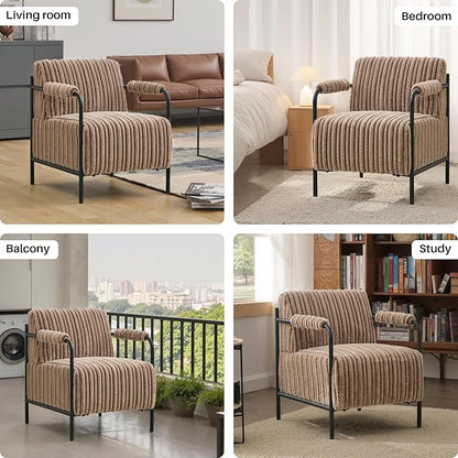 Modern Accent Lounge Chair Velvet Tufted Textured Upholstery Vertical Stitching Metal Frame Ergonomic Reading Chair for Living Room Bedroom Stylish Compact Cozy Design (Light Brown)