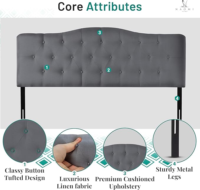 Naomi Home Cassandra Full Size Bed Headboard, Square Tufted, White Linen Fabric, Height Adjustable 42"-52", Metal Legs, Wall/Bed Mount