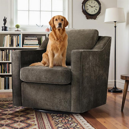 Pia Ricco 2-Pack Plush Oversized Chenille Fabric Swivel Accent Chairs with Removable Covers, Living Room Reception Bundle Set,Night Brown Black