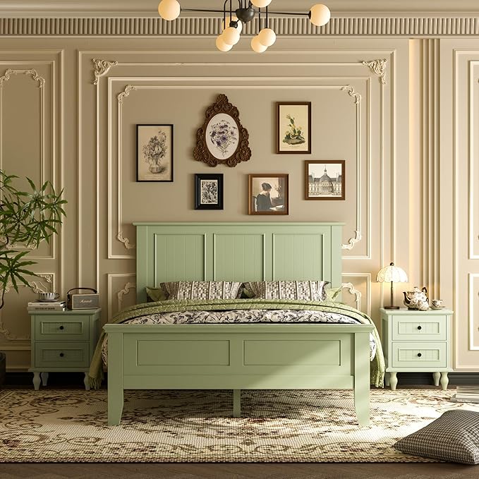 Scurrty Modern Headboard with Vintage Wood Frame,Antique Style Wood Headboard Queen Size, Bedroom Furniture (Green)