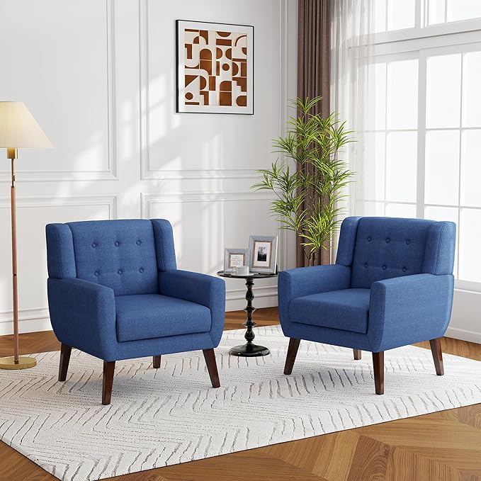 Accent Chairs Set of 2, Modern Fabric Armchairs for Living Room, Comfy Upholstered Arm Chairs Tufted for Indoor Bedroom Office Room (Blue)