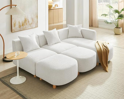 VANOMi 109.84" Modular Sectional Sofa with 3 Pillows, Convertible 5-Seater Comfy Boucle Cloud Couch with Ottoman, Modern Sectional Sofas for Living Room, Office, Apartment (White)
