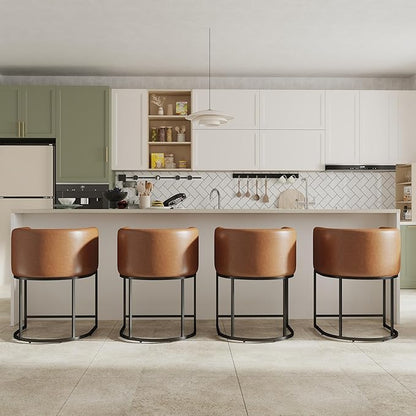 PU Leather Bar Stools Set of 4, Modern Upholstered Counter Height Bar stools 24" Leather Barstools Barrel Kitchen Counter Island Stools with Black Metal Base, Brown