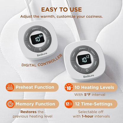 Bedsure Waterproof Heated Mattress Pad Queen - Cotton Bed Warmer with Memory & Preheat Functions, 10 Heat Settings & 12 Hour Shut Off, Dual Controller, Electric Mattress Pad Queen, 60"x80"