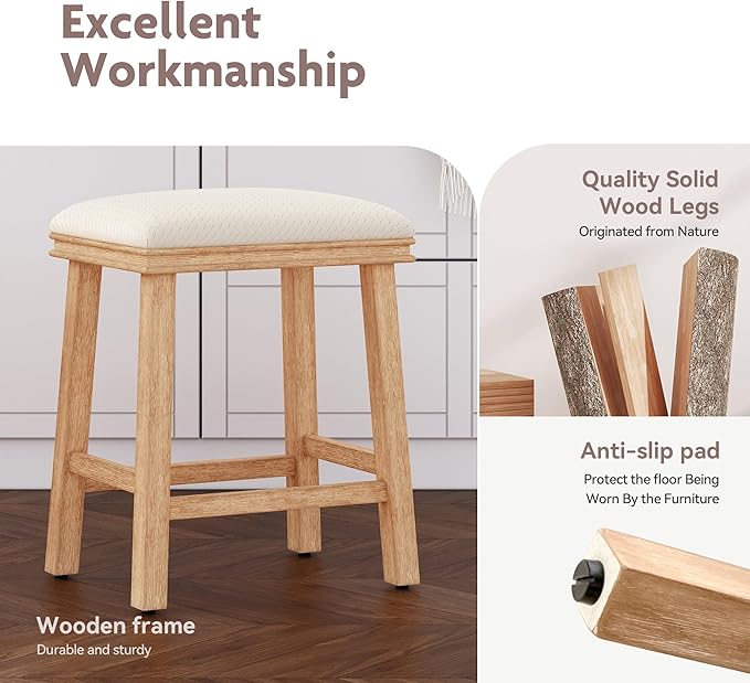 ALPHA HOME 24 Inch Barstools Set of 3, Solid Wood Kitchen Stools with PU Leather Cushion Counter Height Bar Stools for Indoor, White Seat and Wooden Legs, 3PCS