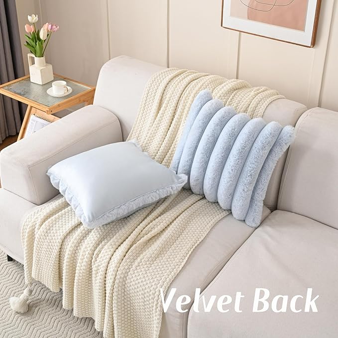 FUTEI Light Blue Decorative Throw Pillow Covers 24x24 Inch Set of 2, Square Soft Faux Rabbit Fur Thick Striped European Cushion Covers,Winter Home Decor for Couch Bed Living Room