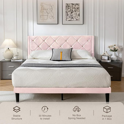 Full Size Platform Bed Frame with Velvet Upholstered Headboard and Sturdy Wooden Slats Support,Mattress Foundation，Easy Assembly, No Box Spring Needed,Slip Resistant (Pink, Full)
