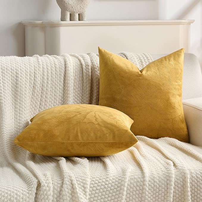 FUTEI Golden Yellow Velvet Throw Pillow Covers 18x18 Inch Set of 2,Soft Embossed Leaf-Relief Textured Cushion Cases,Natural Home Decor for Couch Living Room