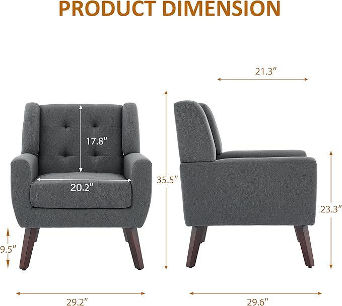 Accent Chairs Set of 2, Mid-Century Modern Upholstered Armchair, Comfy Fabric Living Room Chairs Reading Chairs with Button Tufted Back & Solid Wood Legs for Bedroom, Office, Gary