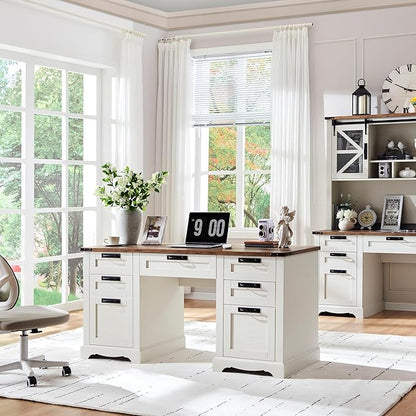 RedLemon 60" Farmhouse Executive Desk, Home Office Desk with Drawers, Charging Station, Keyboard Tray, File Drawer, Storage Cabinet, Wood Rustic Computer Writing Desk (Antique White)