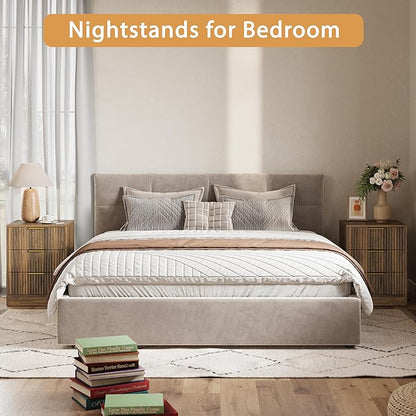 3-Piece Modern Bedroom Furniture Set, Wide 9-Drawer Dresser & 3-Drawer Nightstands Set of 2, Natural Wood Dresser and Nightstand Sets for Bedroom, Hallway, Walnut