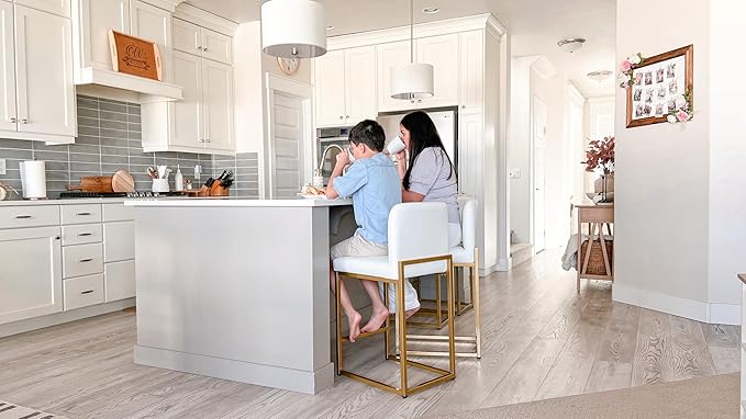 ALPHA HOME 24 Inch Bar Stools Set of 3, Kitchen Counter Stools with Backs, PU Leather Barstools, White Bar Stools with Upholstered Footrest, Sturdy Chromed Metal Steel Frame, White