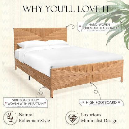 Yechen Boho Full Bed Frame with Headboard and Footboard, Hand-Woven Rattan Mid Century Modern Bedframe with Vintage Pattern, Wicker Bed with Metal Frame and Metal Slats, No Box Spring Needed, 1000lbs