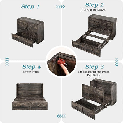 Full Murphy Bed with Storage and Charging Station, Farmhouse Cabinet Bed, Noise-Free, for Guest Room, Apartment, or Office, Black Oak