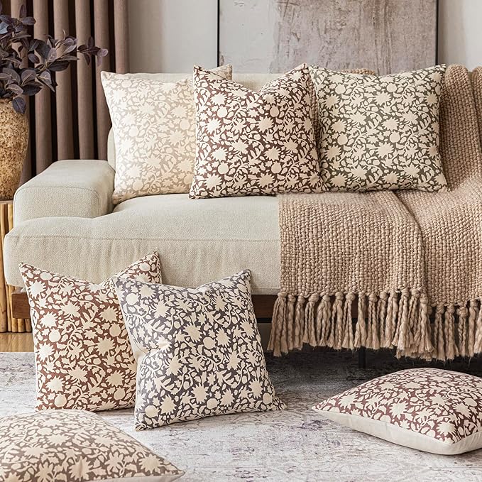 Foindtower Set of 2 Decorative Neutral Floral Throw Pillow Covers Accent Farmhouse Cushion Covers Boho Vintage Pillowcase for Couch Sofa Bedroom Living Room Home Decor,18×18 Inch,Tan