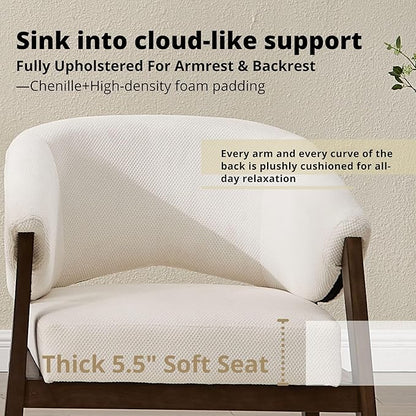 Modern White Accent Chair, Upholstered Armchair Living Room Chair for Bedroom, Comfy Barrel Reading Nook Chairs, Chenille, Wood Legs,1PC