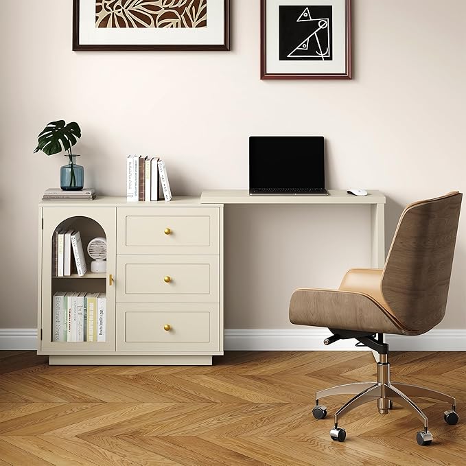 RoyalCraft L Shaped Home Office Desk, Extendable and Rotatable Desk with 3 Drawers and Door, Corner Computer Desk, Modern Study Writing Table for Bedroom, Home Office, Beige