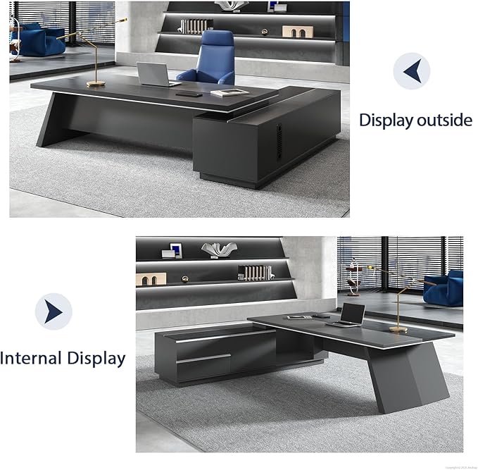 L-Shaped Black Executive Desk with Drawers, Large Modern Executive Office Desk with Storage Cabinets, Cable Box, Wide Desktop – Home Office Desk (Left, 79" L * 63" W * 30" H)