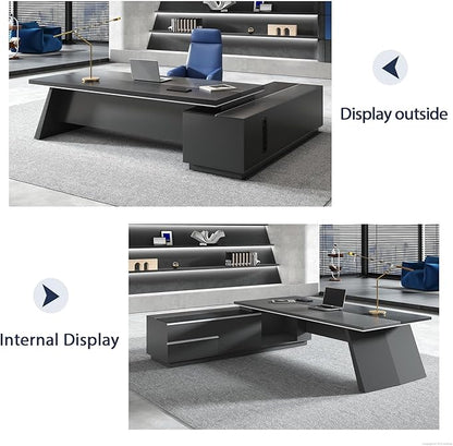 L-Shaped Black Executive Desk with Drawers, Large Modern Executive Office Desk with Storage Cabinets, Cable Box, Wide Desktop – Home Office Desk (Left, 79" L * 63" W * 30" H)