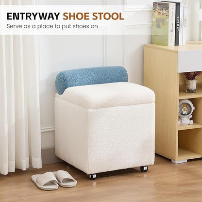 Boucle Vanity Chair with Storage, Swivel Makeup Vanity Chair with Wheels & Safety Hinge, Upholstered Vanity Stool Ottoman for Bedroom, Dressing Room, White