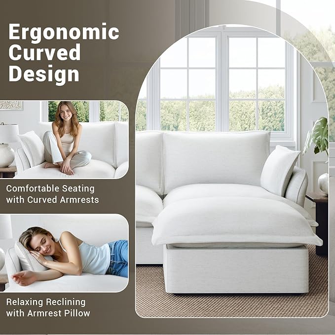 48” Oversized Chaise Lounge Chair, Modular Sectional Sofa, Down Fill Cloud Couch with Washable Cover, Single Seater with Ottoman, Sectional Couches for Living Room Apartments, Cream White