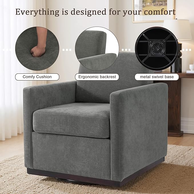 UIXE Swivel Accent Chairs Set of 2, Chenille Upholstered Armchair Comfy Club Chair for Living Room, Mid Century Modern Arm Chair Single Sofa Nook Bedroom Side Reading Seat - Gray