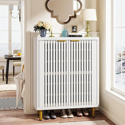 Tribesigns 6-Tier Shoe Cabinet with Shutter Doors, Large Wooden Shoe Organizer Rack with Adjustable Shelves, Modern Farmhouse Hidden Storage Furniture for Entryway, Hallway (White)