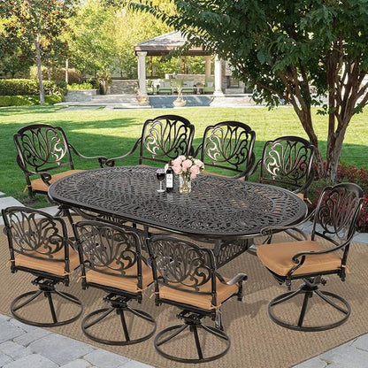 MEETWARM 9-Piece Outdoor Patio Dining Set, All-Weather Cast Aluminum Patio Conversation Set for Backyard Garden Deck with 8 Cushioned Swivel Rocker Chairs, 1 Oval Table, 2" Umbrella Hole