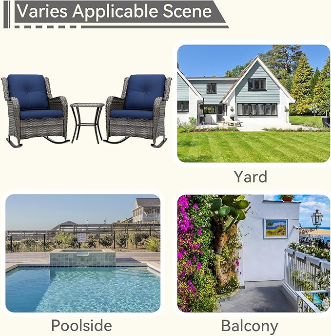 3 Piece Outdoor Rocking Chair Bistro Set, Wicker Patio Furniture Set Includes 2 Chiars and 1 Side Table, for Yard, Porch, Mixed Brown Grey Rattan, Blue