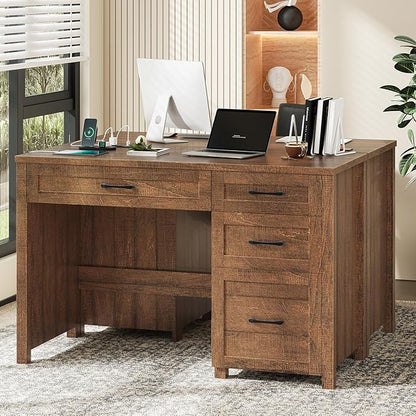 Vabches Farmhouse 47" Executive Desk, Computer Desk with File Drawer and Charging Station, Workstation for Home Office, Study.Red-Brown.