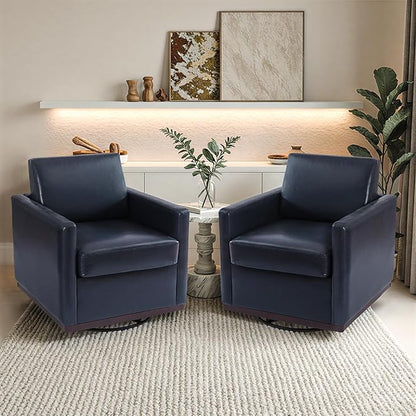 Pia Ricco Single Swivel Barrel Chair, Modern Accent Armchair in Easy-Clean PU Leather, Mid-Century Style for Living Room or Home Office, Navy