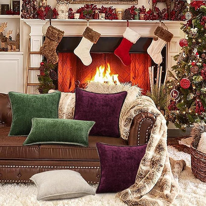 decorUhome Christmas Chenille Soft Throw Pillow Covers 18x18 Set of 2, Farmhouse Velvet Neutral Decorative Euro Pillow Covers with Stitched Edge for Couch Sofa Bed Home Decor, Rhododendron