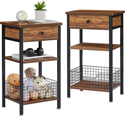 VECELO Tall End Side Tables,27 Inch Night Stand with U-Shape Basket and Storage Drawer/Shelf for Living Room/Bedroom/Small Spaces,Set of 2,Brown