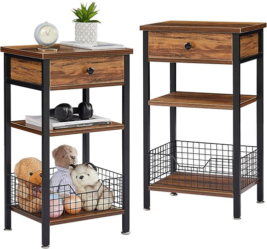 VECELO Tall End Side Tables,27 Inch Night Stand with U-Shape Basket and Storage Drawer/Shelf for Living Room/Bedroom/Small Spaces,Set of 2,Brown