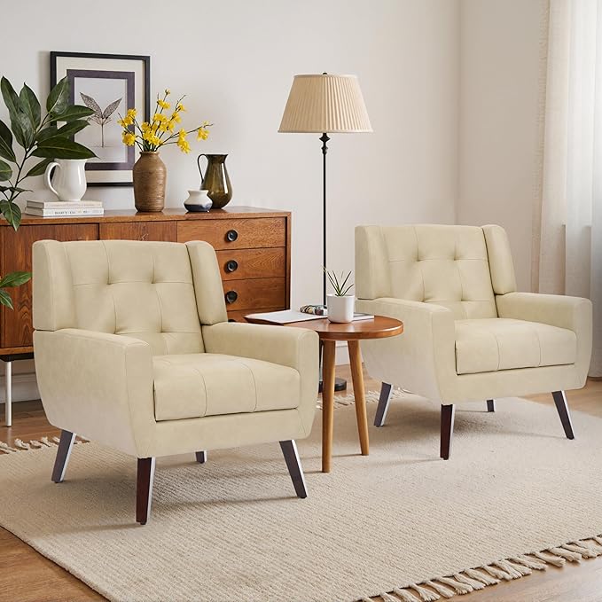 Faux Leather Accent Chairs Set of 4, Mid-Century Modern Upholstered Armchair, Comfy Living Room Chairs Reading Chairs with Button Tufted Back & Solid Wood Legs for Bedroom, Office, Cream