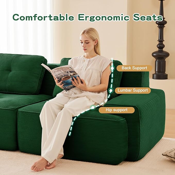 115.3” Green Boneless Couches for Living Room, Modular Sectional Sofa with L-Shape Chaise, 3 Seater Comfy Upholstered Deep Seat Corduroy Fabric Cloud Couch No Assembly, Anti-Slip Design