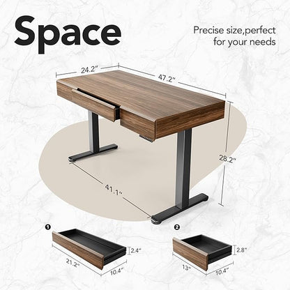 HUANUO Standing Desk with 3 Drawers, 48 Inch Electric Adjustable Height Desk with Storage, Whole-Piece Board Stand Up Desk for Home Office, Black Walnut
