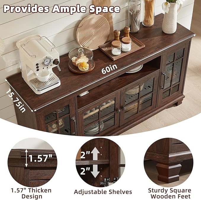 Large Sideboard Buffet Cabinet with Storage, Vintage Walnut Farmhouse 60" Wide Credenza Accent Cabinets with Glass Doors & Wood Legs, Kitchen Coffee Bar Table for Dining Room, Living Room