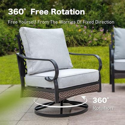 5 Piece Metal Outdoor Patio Furniture Set, Patio Conversation Sets 1 3-Seater Sofa, 2-Seater Sofa, 2 Swivel Sofa with 5.75" Cushion & Coffee Table Black Backyard Furniture, Light Gray