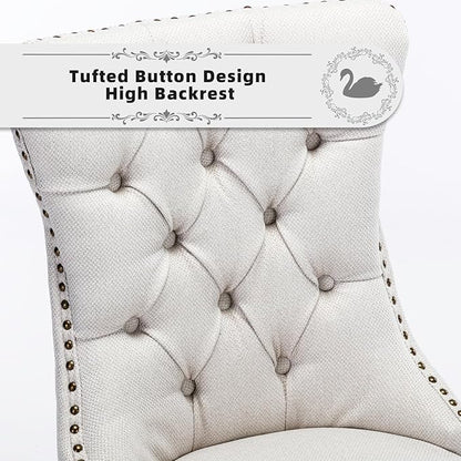 Linen Upholstered Dining Chairs Set of 4, Modern Style Kitchen Side Chairs with Nailhead Trim and Wood Leg, Metal Pulling Ring for Dining Room Living Room(Beige,Set of 4)