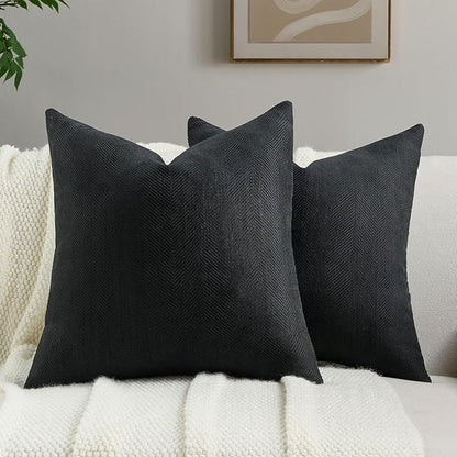 FUTEI Black Chenille Throw Pillow Covers 18x18 Inch Set of 2,Soft Wide Chevron Textured Cushion Case,Farmhouse Home Decor for Couch Bed Living Room