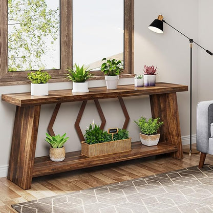 Tribesigns 70.86-Inch Farmhouse Console Table, Industrial Narrow Long Sofa Entryway Table with Storage, 2-Tier Wood Couch Foyer Accent Table for Living Room, Hallway, Entrance (Brown)