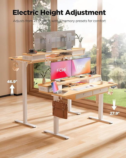 FiCiHi Adjustable Height Standing Desk with 4 Drawers,55 x 24 inches Electric Sit Stand Home Office Desk with Two Tiers, 3 Memory Presets, Monitor Stand Riser