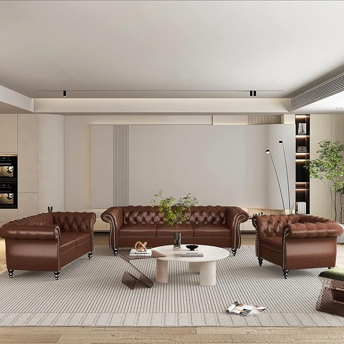 Chesterfield 3 Seater Sofa, Modern Leather Tufted Couch 3 Seater with Rolled Arms and Nailhead Mid-Century Upholstered Couch for Living Room, Bedroom, Apartment and Office, Brown