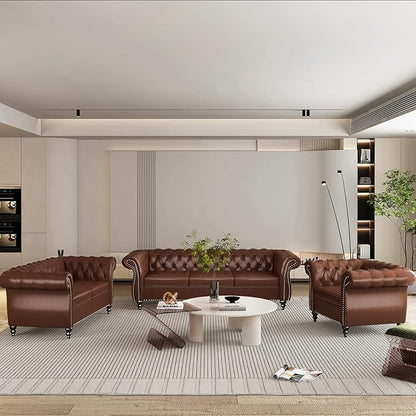 Chesterfield 3 Seater Sofa, Modern Leather Tufted Couch 3 Seater with Rolled Arms and Nailhead Mid-Century Upholstered Couch for Living Room, Bedroom, Apartment and Office, Brown