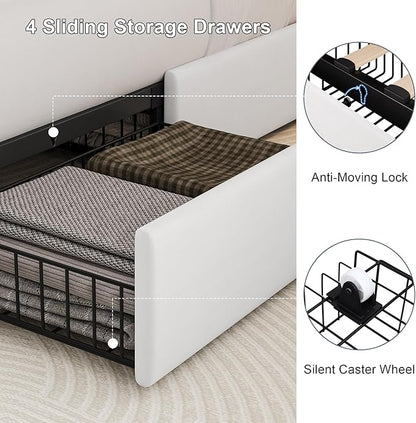 Full Size Upholstered Platform Bed Frame with 4 Storage Drawers and Charging Station, Linen Button Tufted Wingback Headboard, Sturdy Wooden Support Slats, No Box Spring Needed, White
